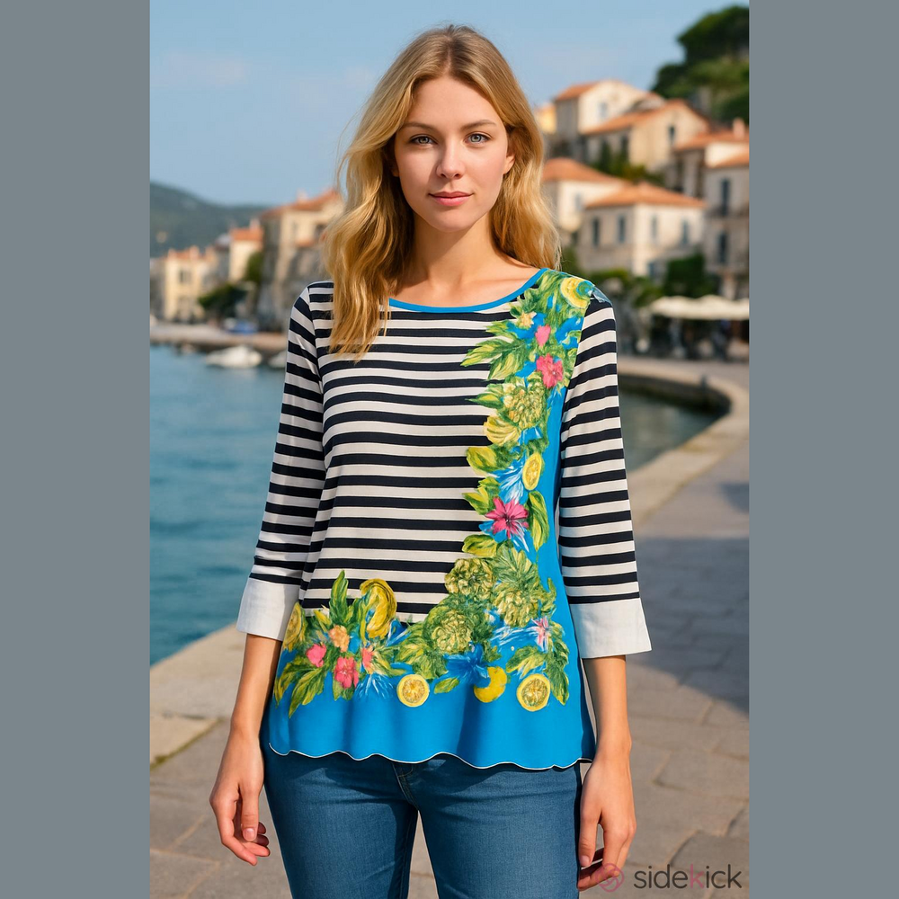 Marc Cain Black and White Striped Top with Blue Detail